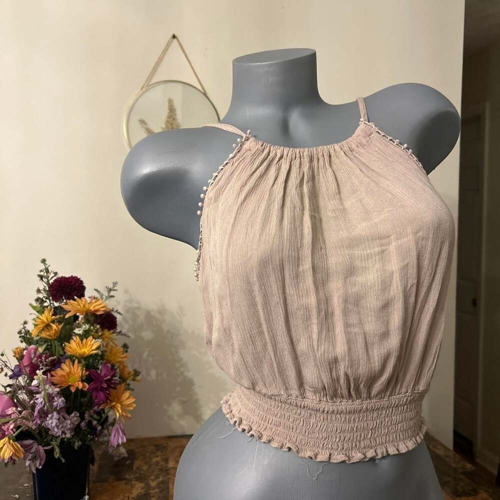 Ambiance Halter Crop Top Size M Beige Pom Pom Trim Tie Back